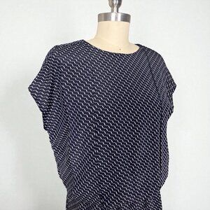 Vintage 80s Secrets Cap Sleeve Graphic Print Navy Blue Blouson Midi Dress Size 8